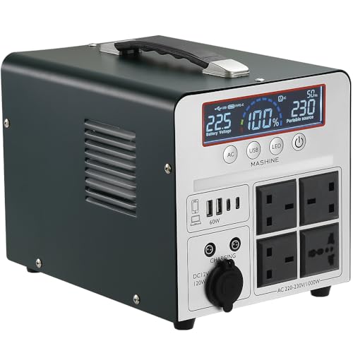 Power Station 1000W/666Wh, Mashine Portable Rechargeable Generator Inverter for Camping, RVs, Drones, Outdoor Lighting, with 4 AC Outlets and 4 USB Ports