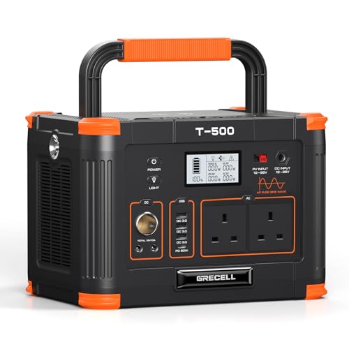 GRECELL Portable Power Station 500W(Peak 1000W), 519Wh Outdoor Solar Generator Backup Battery Pack with 2 230V AC Outlets, 500W 10-Port Powerhouse for RV/Van Camping Road Trip Home Emergency, T-500