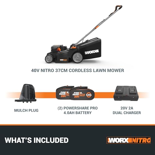 WORX WG737E Nitro 40V Cordless Lawn Mower with Brushless Motor, 2 x 4.0Ah Batteries and Charger, 37cm Cutting Width, Lightweight, 2-in-1 Bag & Mulch Function for Efficient Lawn Care