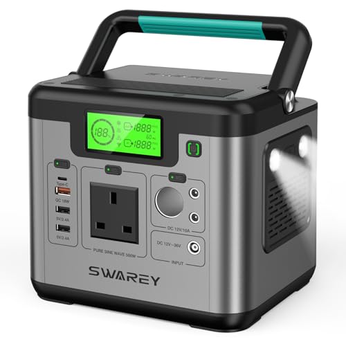 SWAREY Portable Power Station, 518Wh Power Station with 500W(Surge 1000W) AC Outlet, 65W USB-C Port, Solar Generator for Outdoors Camping Travel Fishing RV