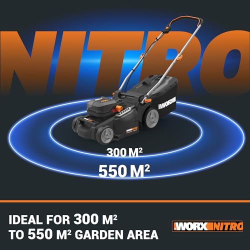 WORX WG737E Nitro 40V Cordless Lawn Mower with Brushless Motor, 2 x 4.0Ah Batteries and Charger, 37cm Cutting Width, Lightweight, 2-in-1 Bag & Mulch Function for Efficient Lawn Care