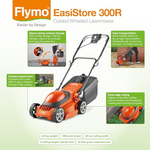 Flymo EasiStore 300R Electric Rotary Lawn Mower - 30 cm Cutting Width, 30 Litre Grass Box, Close Edge Cutting, Rear Roller, Manual Height Adjust, Space Saving Storage Features, Lightweight