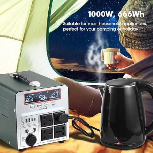 Power Station 1000W/666Wh, Mashine Portable Rechargeable Generator Inverter for Camping, RVs, Drones, Outdoor Lighting, with 4 AC Outlets and 4 USB Ports