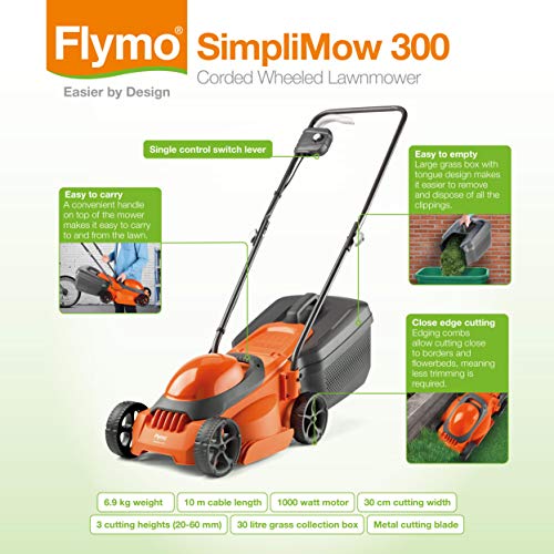 Flymo SimpliMow 300 Electric Rotary Lawn Mower - 1000 W Motor, 30 cm Cutting Width, 30 Litre Grass Box, Close Edge Cutting, Comfortable to Manoeuvre, Foldable Handles