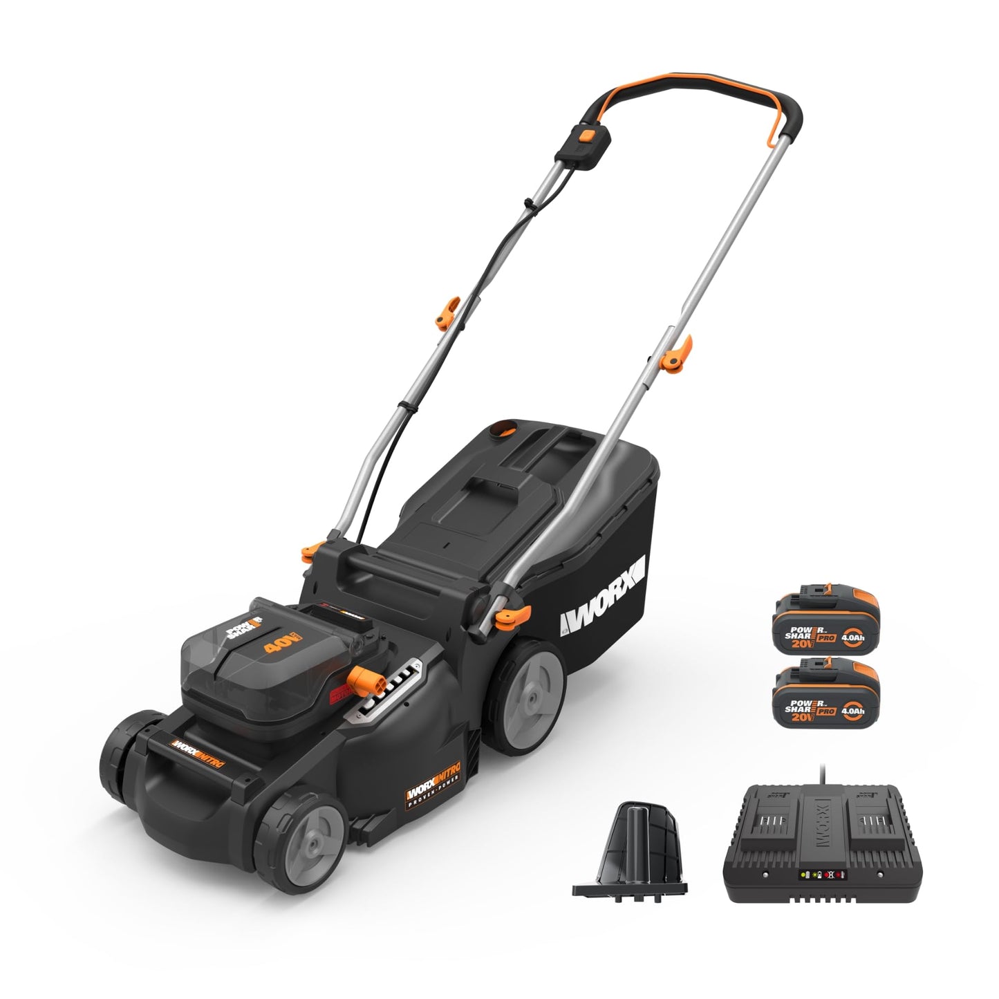 WORX WG737E Nitro 40V Cordless Lawn Mower with Brushless Motor, 2 x 4.0Ah Batteries and Charger, 37cm Cutting Width, Lightweight, 2-in-1 Bag & Mulch Function for Efficient Lawn Care