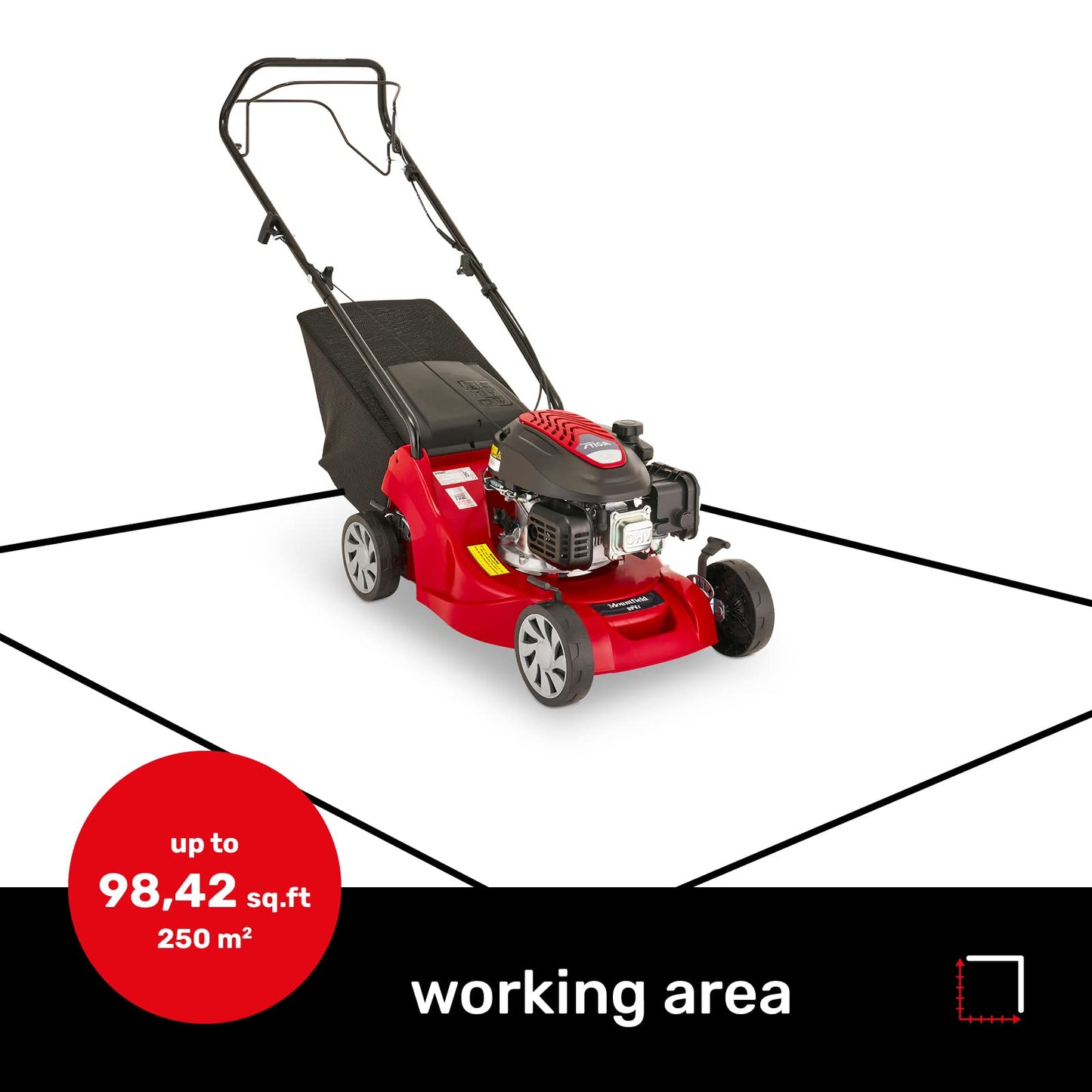 Mountfield SP41 Petrol Lawnmower, Self-Propelled, 39cm cutting width, 123cc ST120 Autochoke petrol engine, Up to 250m², Includes 40L Grass Collector