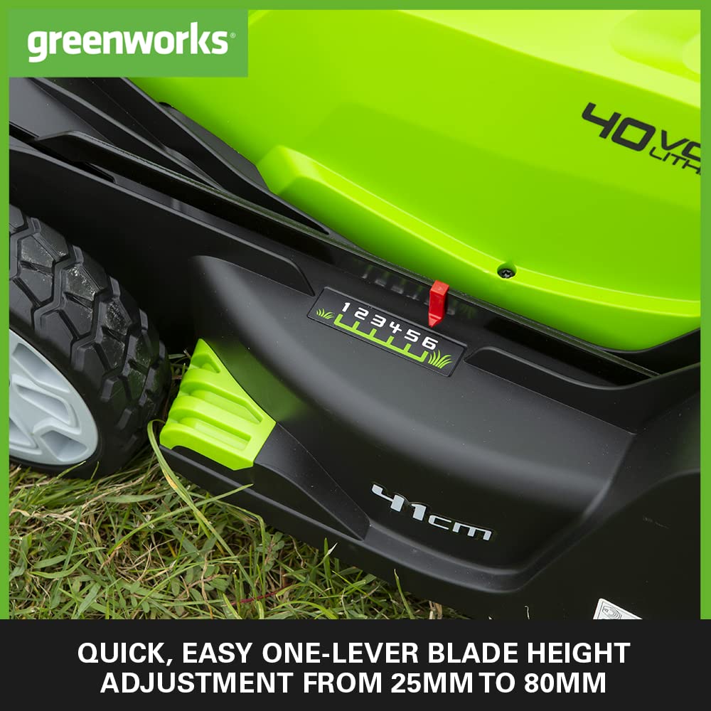 Greenworks 40V Cordless Lawnmower for Lawns up to 500m², 41cm Cutting Width, 50L Bag, Two of 40V 2Ah Batteries & One Charger, 3 Year Guarantee-G40LM41K2X, Green, Black, Grey