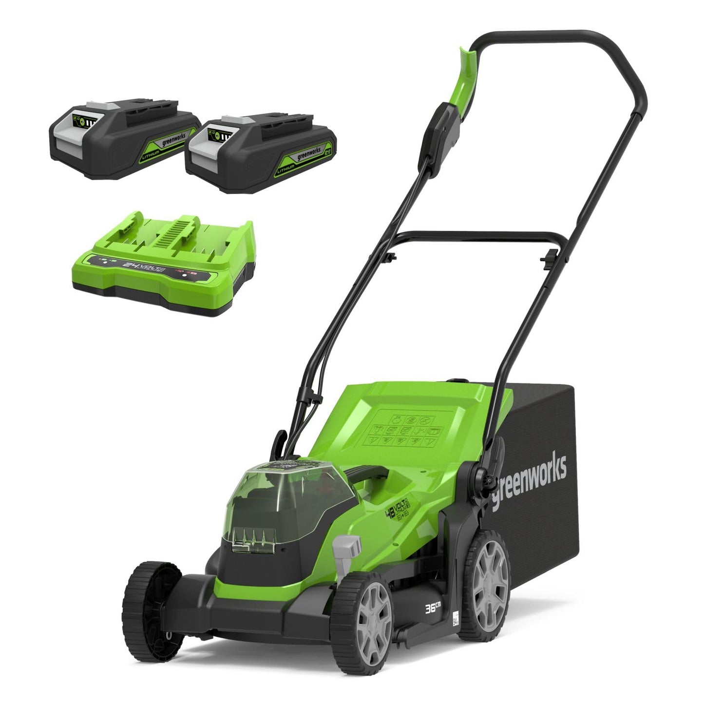 Greenworks G24X2LM36K2X Cordless Lawnmower for Lawns up to 210m², 36cm Cutting Width, 40L Bag PLUS Two of 2x24V(48V equivalent) 2Ah Batteries & Twin Charger, 3 Year Guarantee