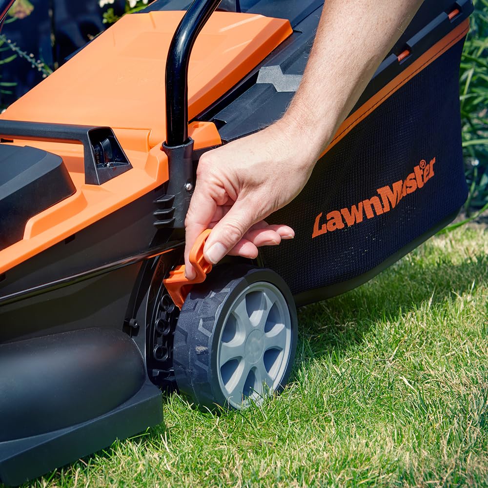 LawnMaster MX 24V 32cm Cordless Lawn Mower with 4.0Ah Battery and Fast Charger. With cut height adjust, rear roller and edging combs. For small lawns up to 150m2. Supplied with spare 32cm blade.