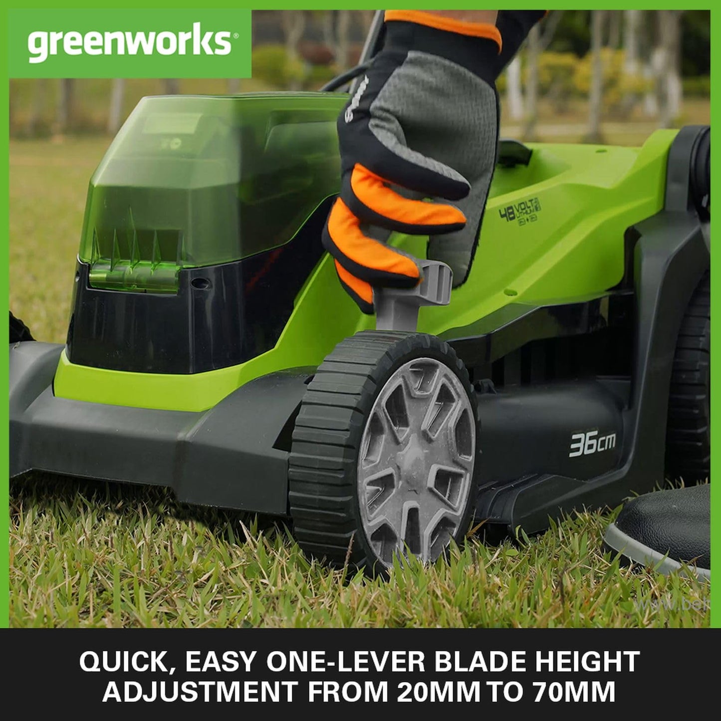 Greenworks G24X2LM36K2X Cordless Lawnmower for Lawns up to 210m², 36cm Cutting Width, 40L Bag PLUS Two of 2x24V(48V equivalent) 2Ah Batteries & Twin Charger, 3 Year Guarantee