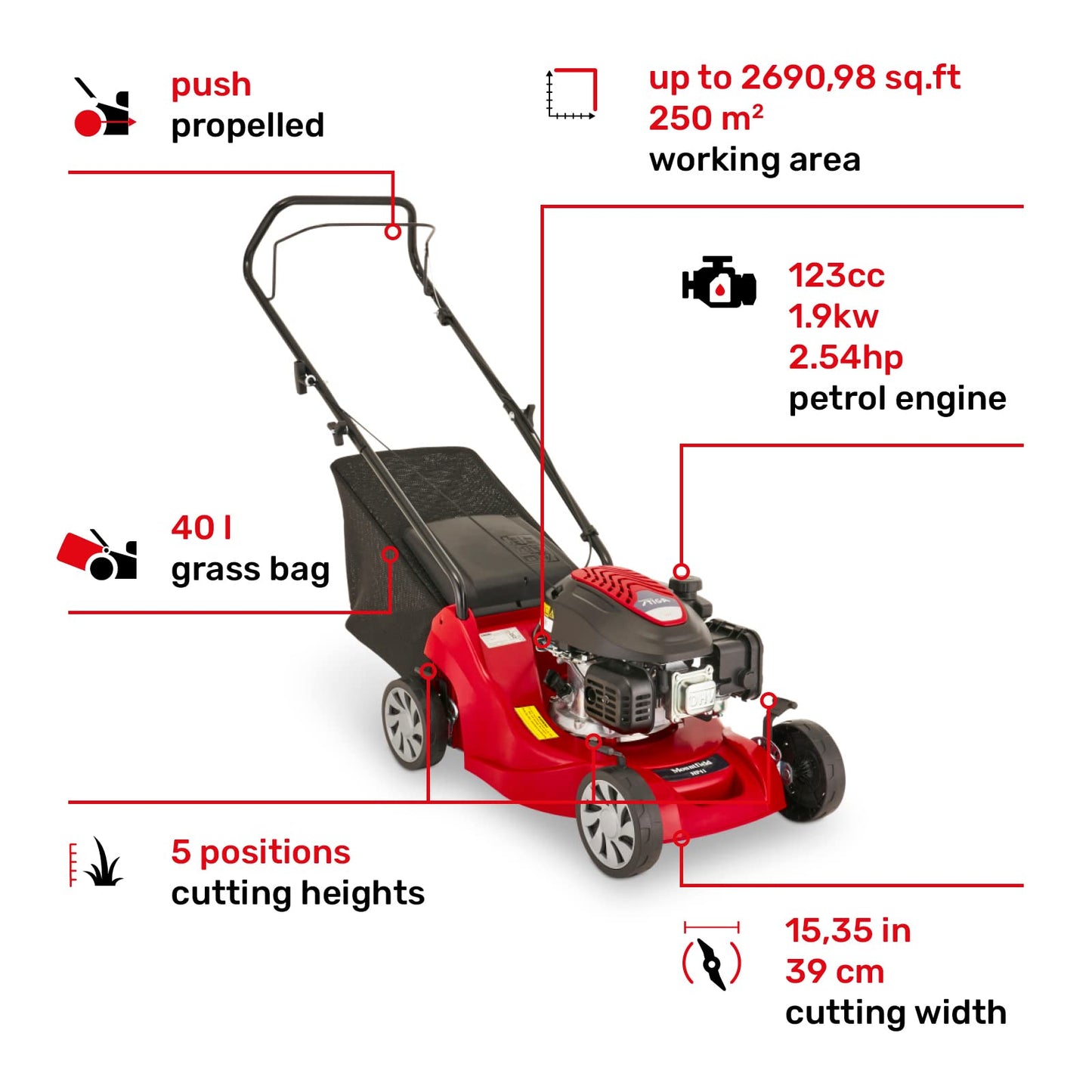 Mountfield HP41 Petrol Lawnmower, Hand-propelled, 39cm cutting width, 123cc ST120 Autochoke petrol engine, Up to 250m², Includes 40L grass collector