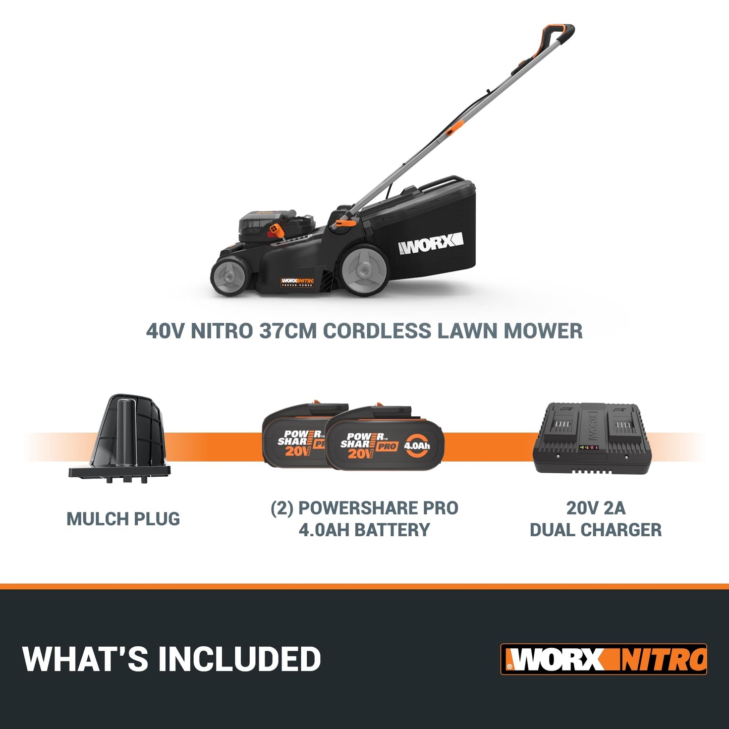 WORX WG737E Nitro 40V Cordless Lawn Mower with Brushless Motor, 2 x 4.0Ah Batteries and Charger, 37cm Cutting Width, Lightweight, 2-in-1 Bag & Mulch Function for Efficient Lawn Care