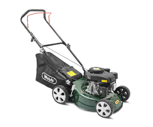 Webb WER410HP 16"/41cm Push Rotary Petrol Lawnmower, 132cc 4-Stroke Engine, 7 Cutting Heights, 45L Collection Bag - 3 Year Guarantee