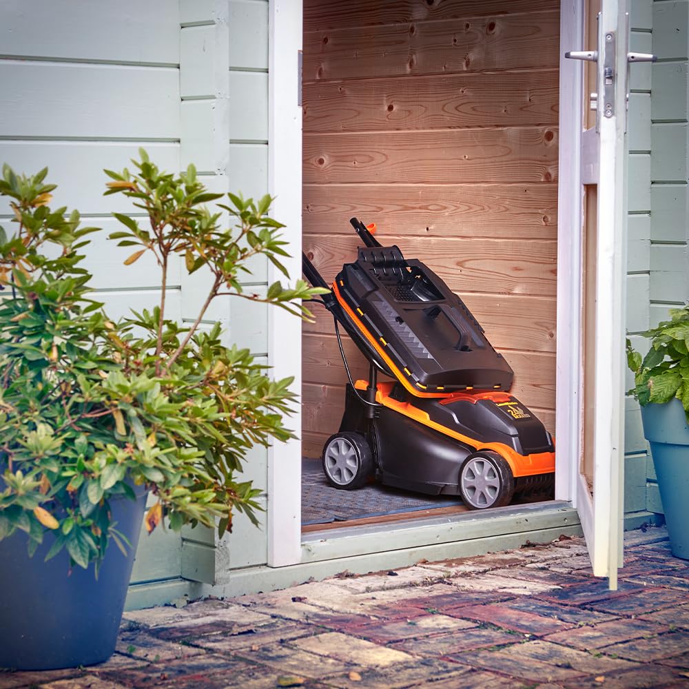 LawnMaster MX 24V 32cm Cordless Lawn Mower with 4.0Ah Battery and Fast Charger. With cut height adjust, rear roller and edging combs. For small lawns up to 150m2. Supplied with spare 32cm blade.