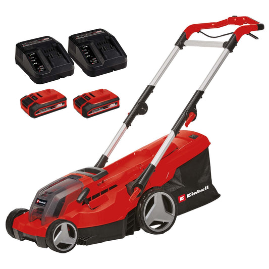 Einhell Power X-Change Cordless Lawnmower With Battery (x2) and Charger (x2) - 36V, 37cm Cutting Width, 45L Grass Box, 6 Cutting Heights - GE-CM 36/37 Li Battery Lawn Mower