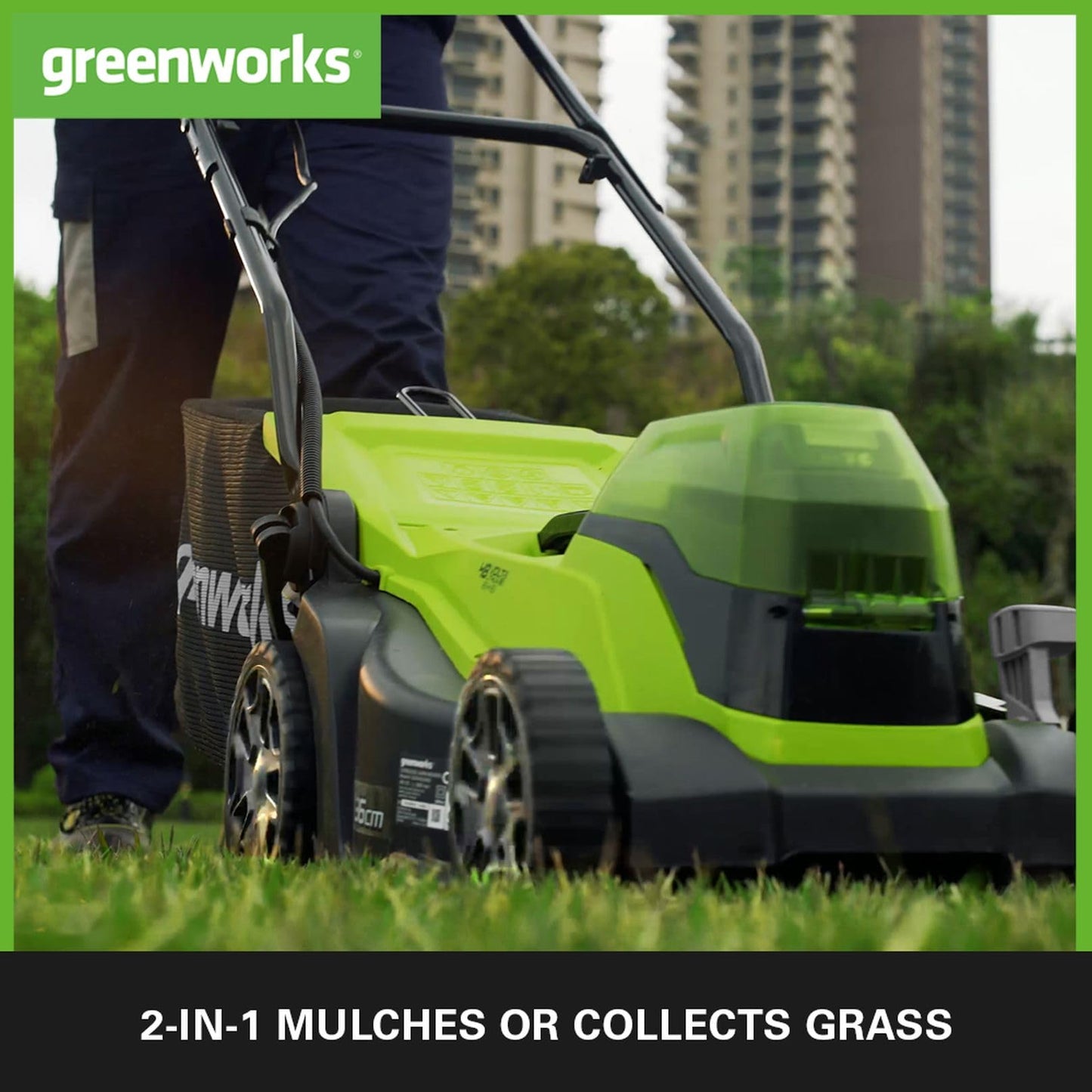 Greenworks G24X2LM36K2X Cordless Lawnmower for Lawns up to 210m², 36cm Cutting Width, 40L Bag PLUS Two of 2x24V(48V equivalent) 2Ah Batteries & Twin Charger, 3 Year Guarantee