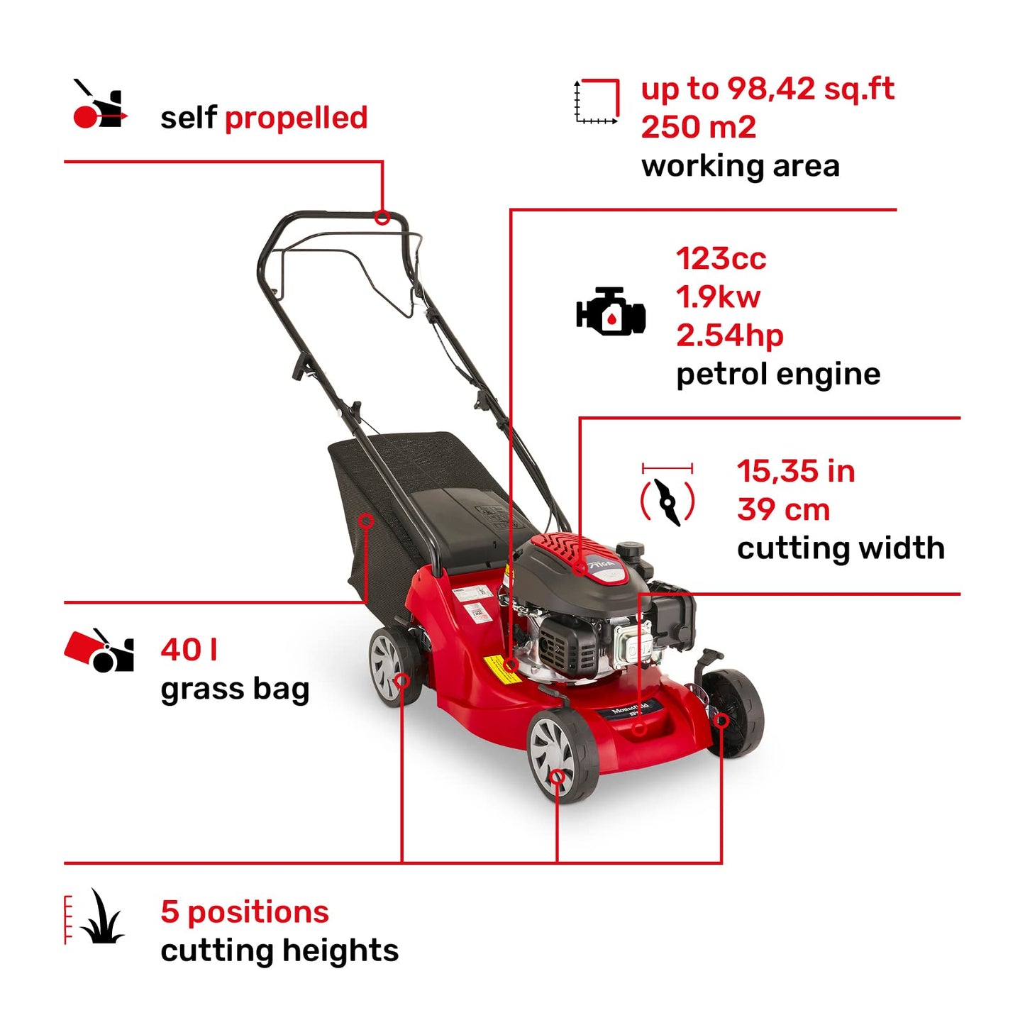 Mountfield SP41 Petrol Lawnmower, Self-Propelled, 39cm cutting width, 123cc ST120 Autochoke petrol engine, Up to 250m², Includes 40L Grass Collector