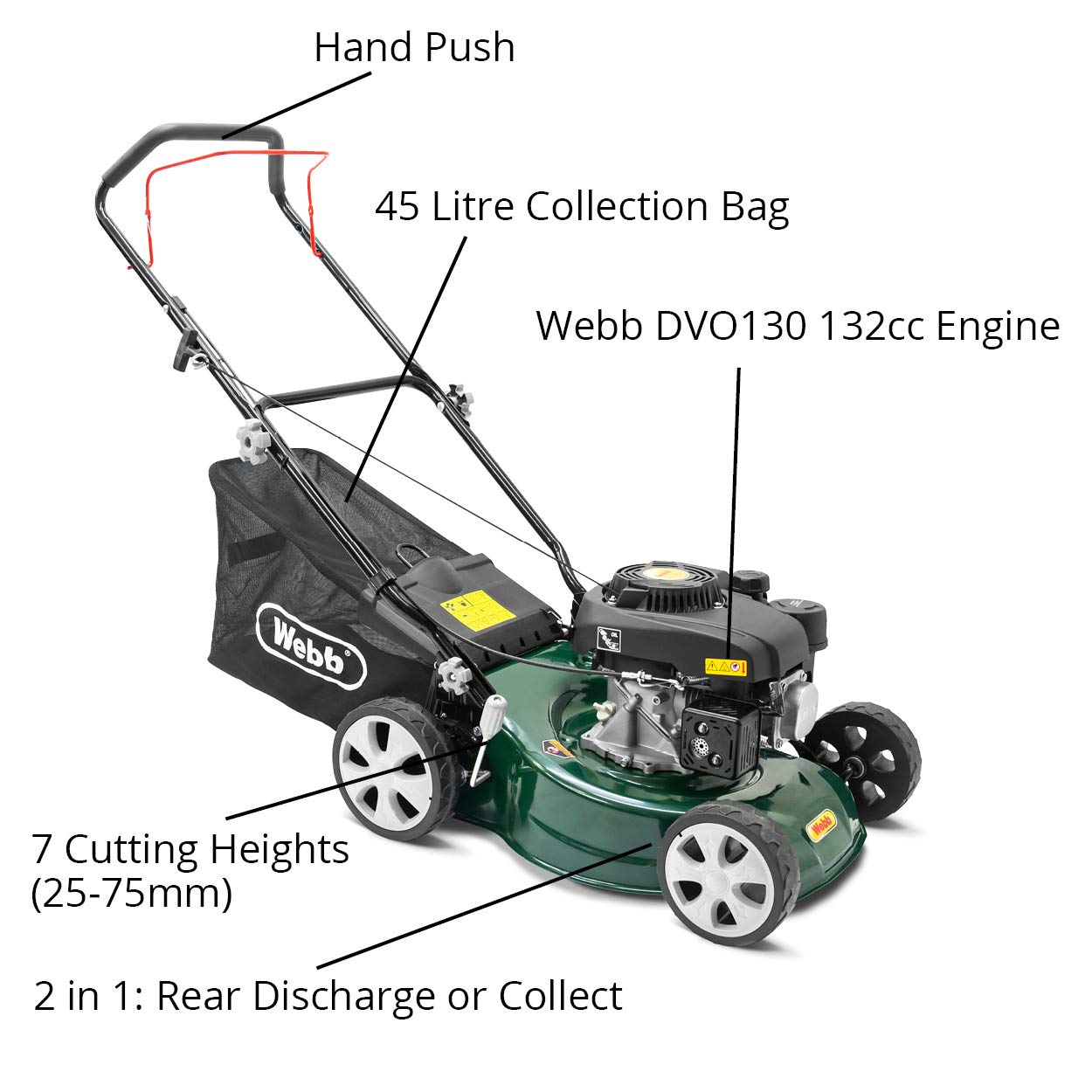 Webb WER410HP 16"/41cm Push Rotary Petrol Lawnmower, 132cc 4-Stroke Engine, 7 Cutting Heights, 45L Collection Bag - 3 Year Guarantee