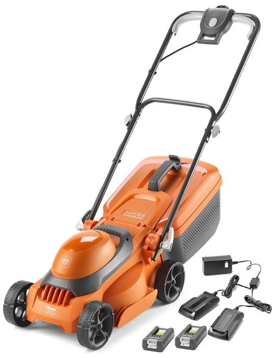 Flymo SimpliStore 300 Li Cordless Lawn Mower - 40V, 30cm Cutting Width, Close Edge Cutting, 30L, Lightweight, Orange and Grey