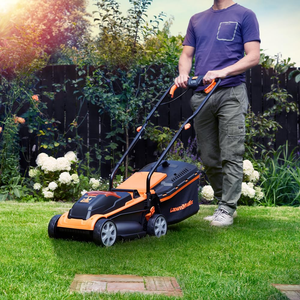 LawnMaster MX 24V 32cm Cordless Lawn Mower with 4.0Ah Battery and Fast Charger. With cut height adjust, rear roller and edging combs. For small lawns up to 150m2. Supplied with spare 32cm blade.