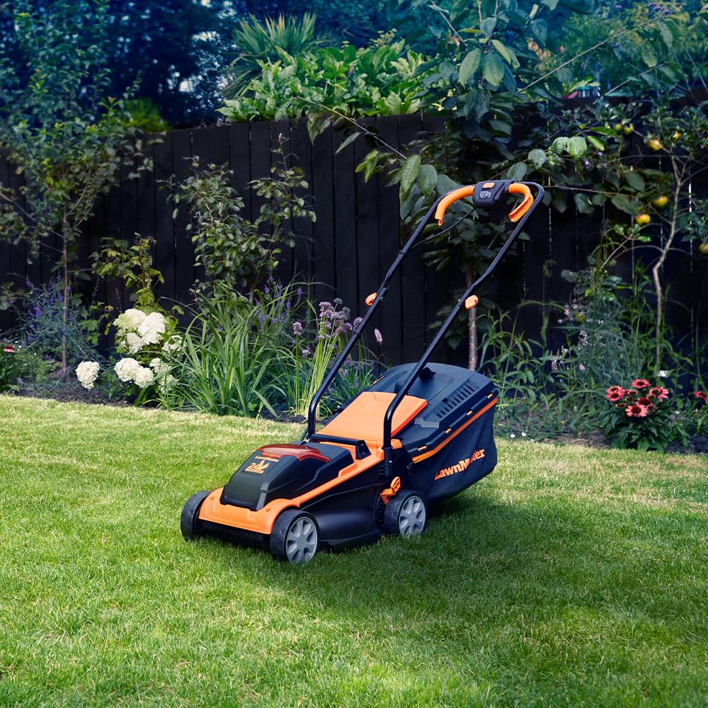 LawnMaster MX 24V 32cm Cordless Lawn Mower with 4.0Ah Battery and Fast Charger. With cut height adjust, rear roller and edging combs. For small lawns up to 150m2. Supplied with spare 32cm blade.