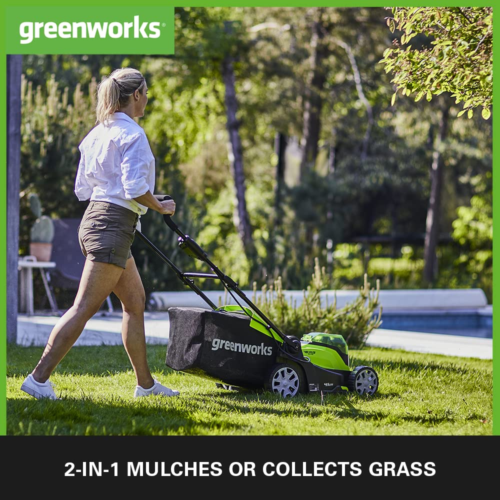 Greenworks 40V Cordless Lawnmower for Lawns up to 500m², 41cm Cutting Width, 50L Bag, Two of 40V 2Ah Batteries & One Charger, 3 Year Guarantee-G40LM41K2X, Green, Black, Grey