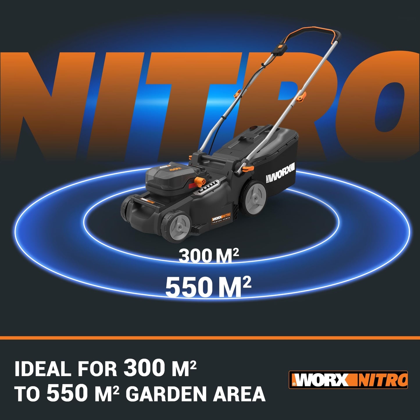 WORX WG737E Nitro 40V Cordless Lawn Mower with Brushless Motor, 2 x 4.0Ah Batteries and Charger, 37cm Cutting Width, Lightweight, 2-in-1 Bag & Mulch Function for Efficient Lawn Care