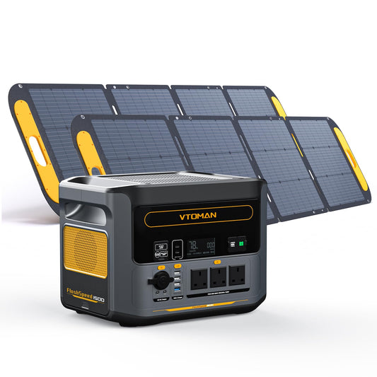 VTOMAN FlashSpeed 1500 Power Station with 2*220W Pro Solar Panel, 1500W/1548Wh LiFePO4 Battery Solar Generator with 230V AC Output/Input, 100W USB Port, Full Charge within 1H for Camping, Home Backup