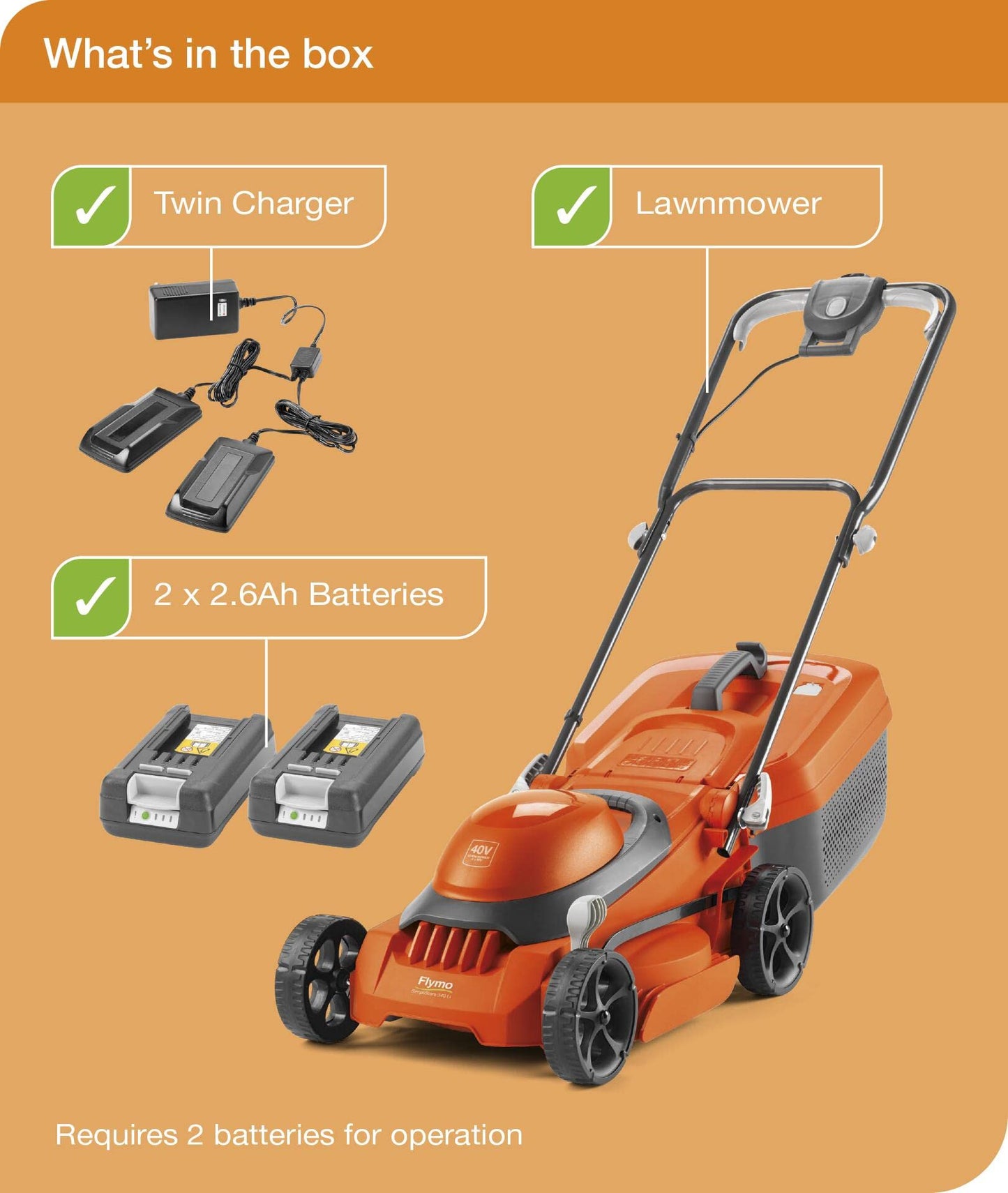 Flymo SimpliStore 300 Li Cordless Lawn Mower - 40V, 30cm Cutting Width, Close Edge Cutting, 30L, Lightweight, Orange and Grey