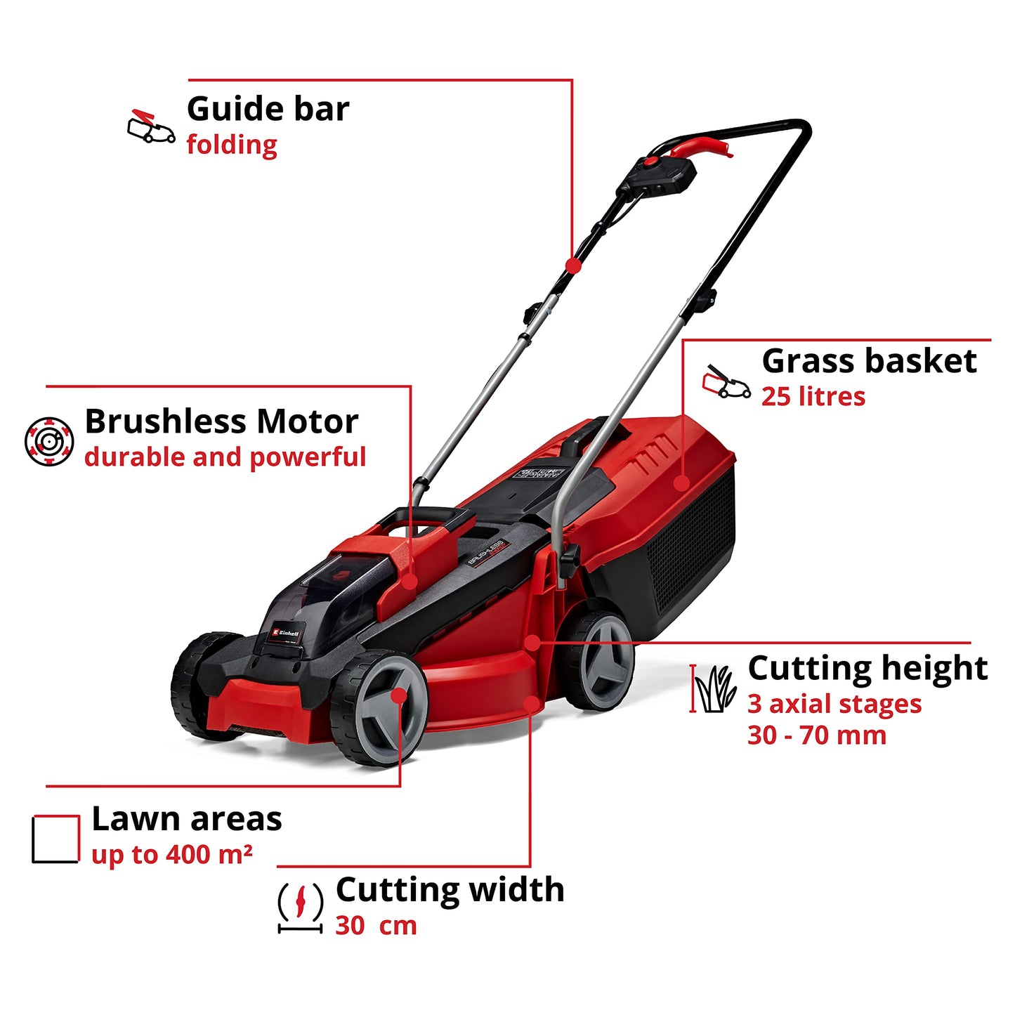 Einhell Power X-Change 18/30 Cordless Lawnmower With Battery and Charger - 18V, Brushless Motor, 30cm Cutting Width, 25L Grass Box, 3 Cutting Heights - GE-CM 18/30 Li Battery Lawn Mower