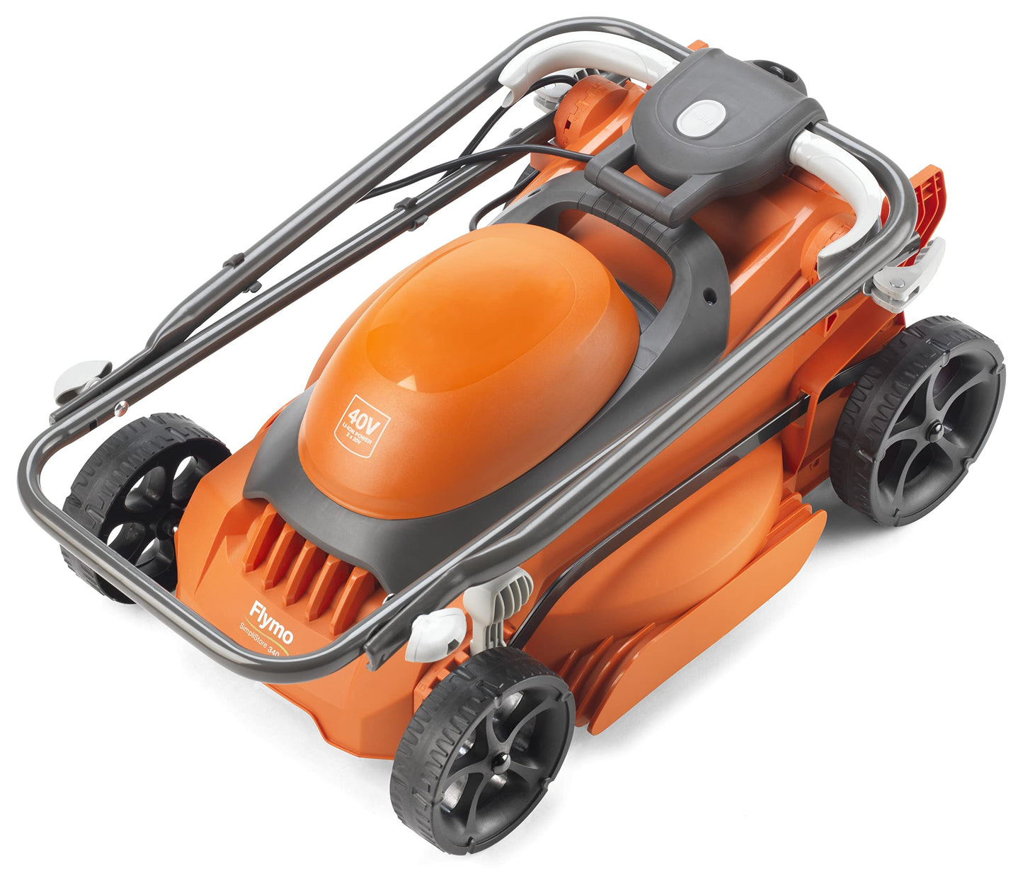 Flymo SimpliStore 300 Li Cordless Lawn Mower - 40V, 30cm Cutting Width, Close Edge Cutting, 30L, Lightweight, Orange and Grey