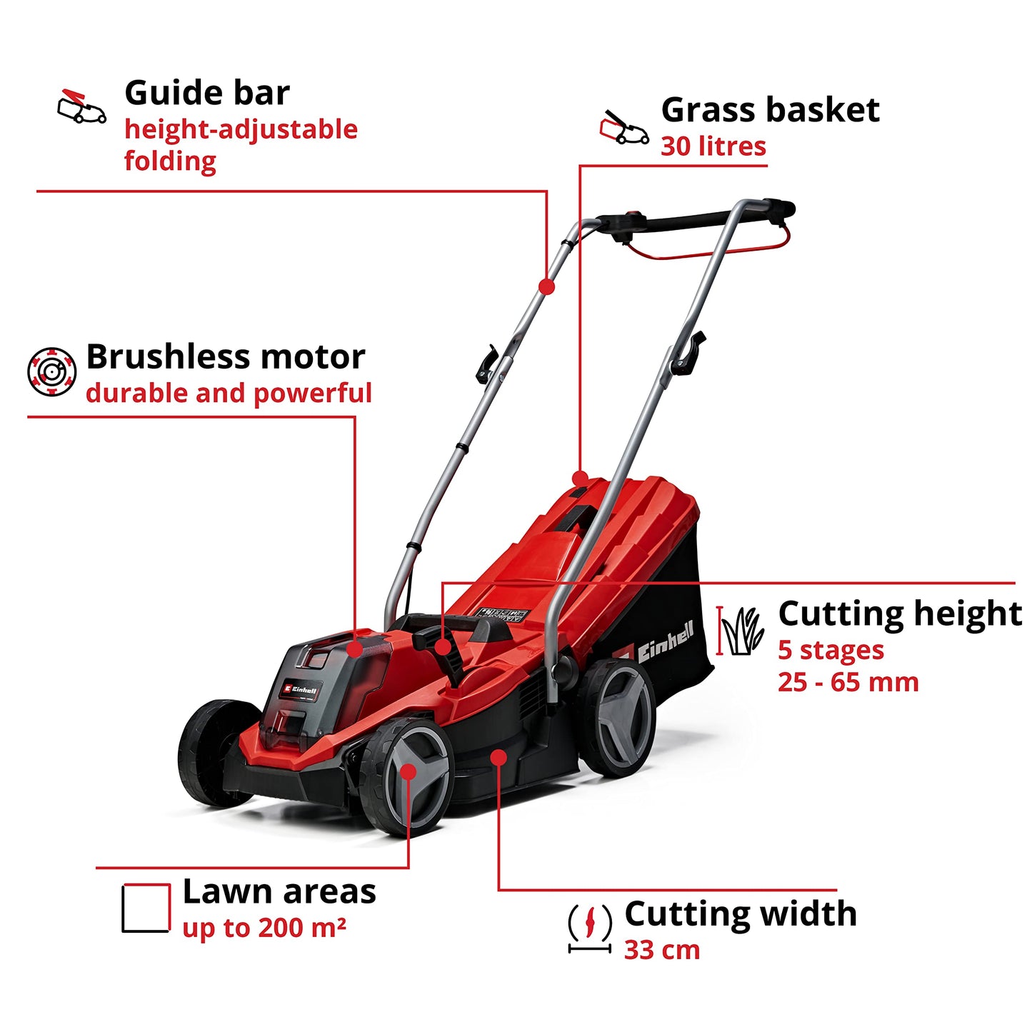 Einhell Power X-Change 18/33 Cordless Lawnmower With Battery and Charger - 18V, Brushless Motor, 33cm Cutting Width, 30L Grass Box, 5 Cutting Heights - GE-CM 18/33 Li Battery Lawn Mower