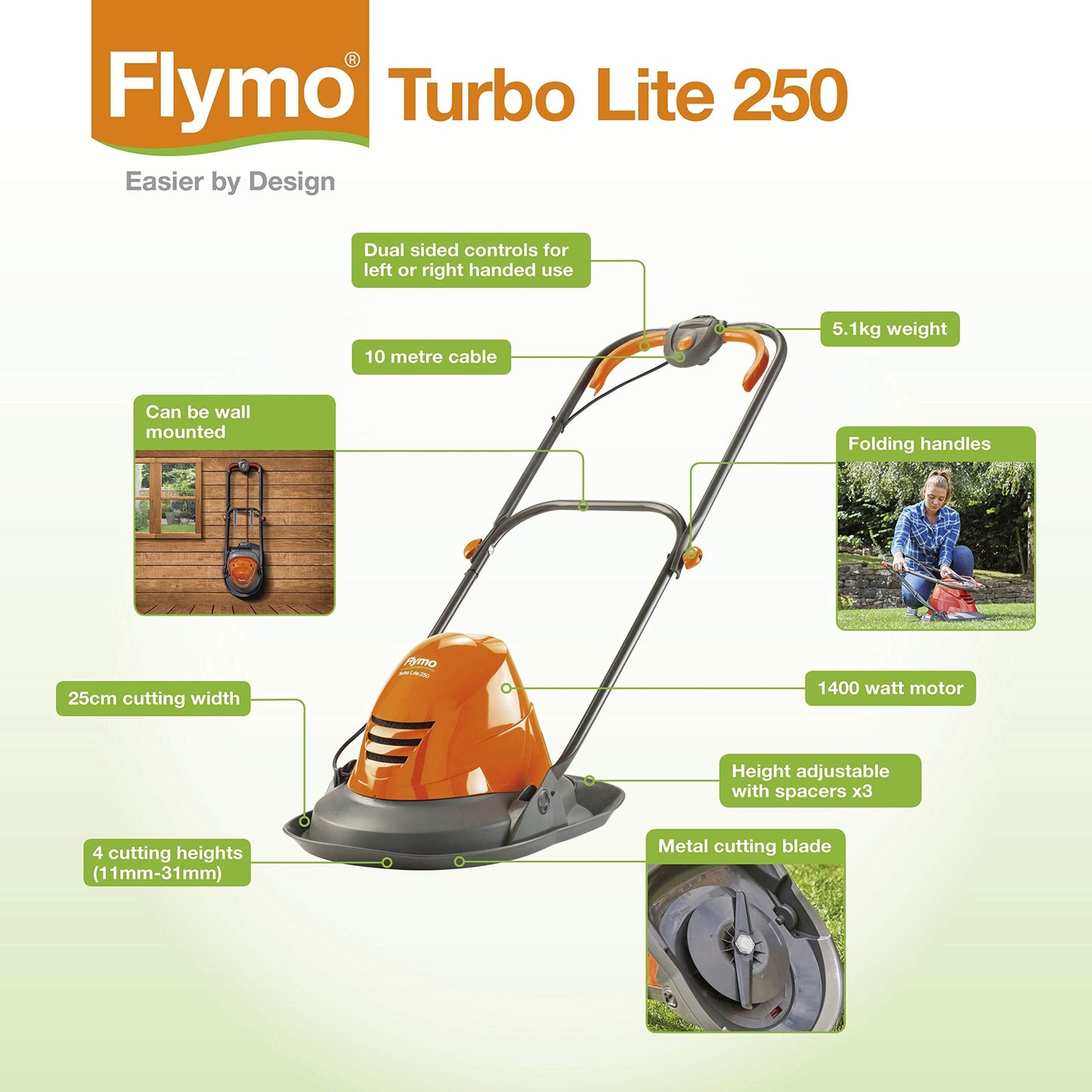 Flymo Turbo Lite 250 Electric Hover Lawn Mower – 1400 W, 25 cm Cutting Width, Ambidextrous Handles, Folds Flat, Orange