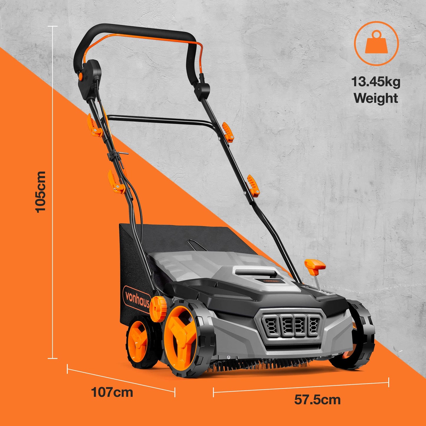 VonHaus Artificial Grass Brush 1800W, Electric Artificial Grass/Lawn Sweeper Cleaner Machine, 45L Collection Bag, 12m Cable, 5 Adjustable Heights, 380mm Working Width, Foldable Handle, 3 Year Warranty