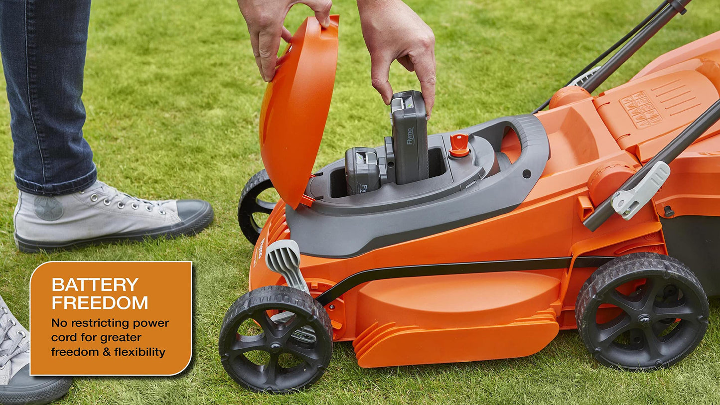 Flymo SimpliStore 300 Li Cordless Lawn Mower - 40V, 30cm Cutting Width, Close Edge Cutting, 30L, Lightweight, Orange and Grey