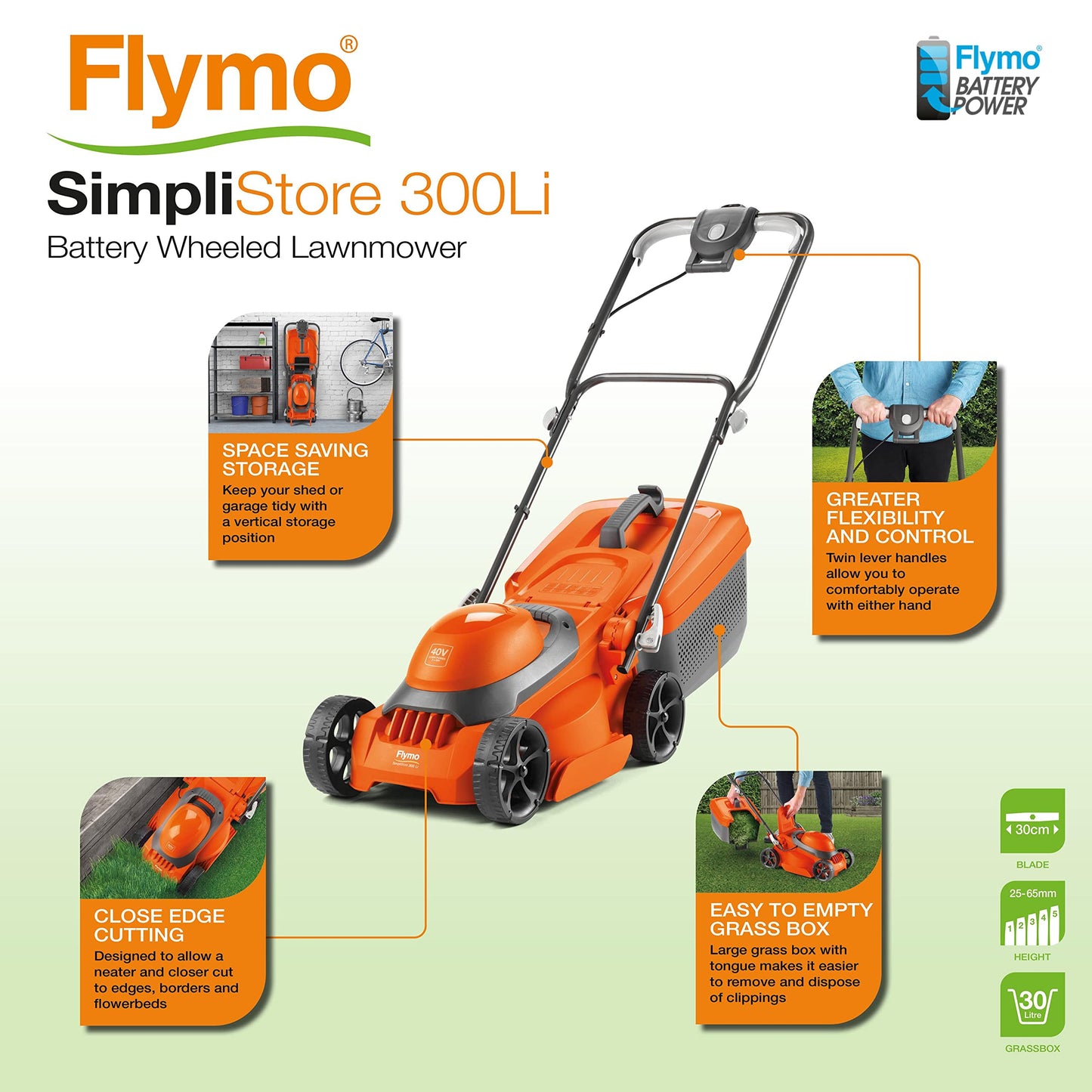 Flymo SimpliStore 300 Li Cordless Lawn Mower - 40V, 30cm Cutting Width, Close Edge Cutting, 30L, Lightweight, Orange and Grey