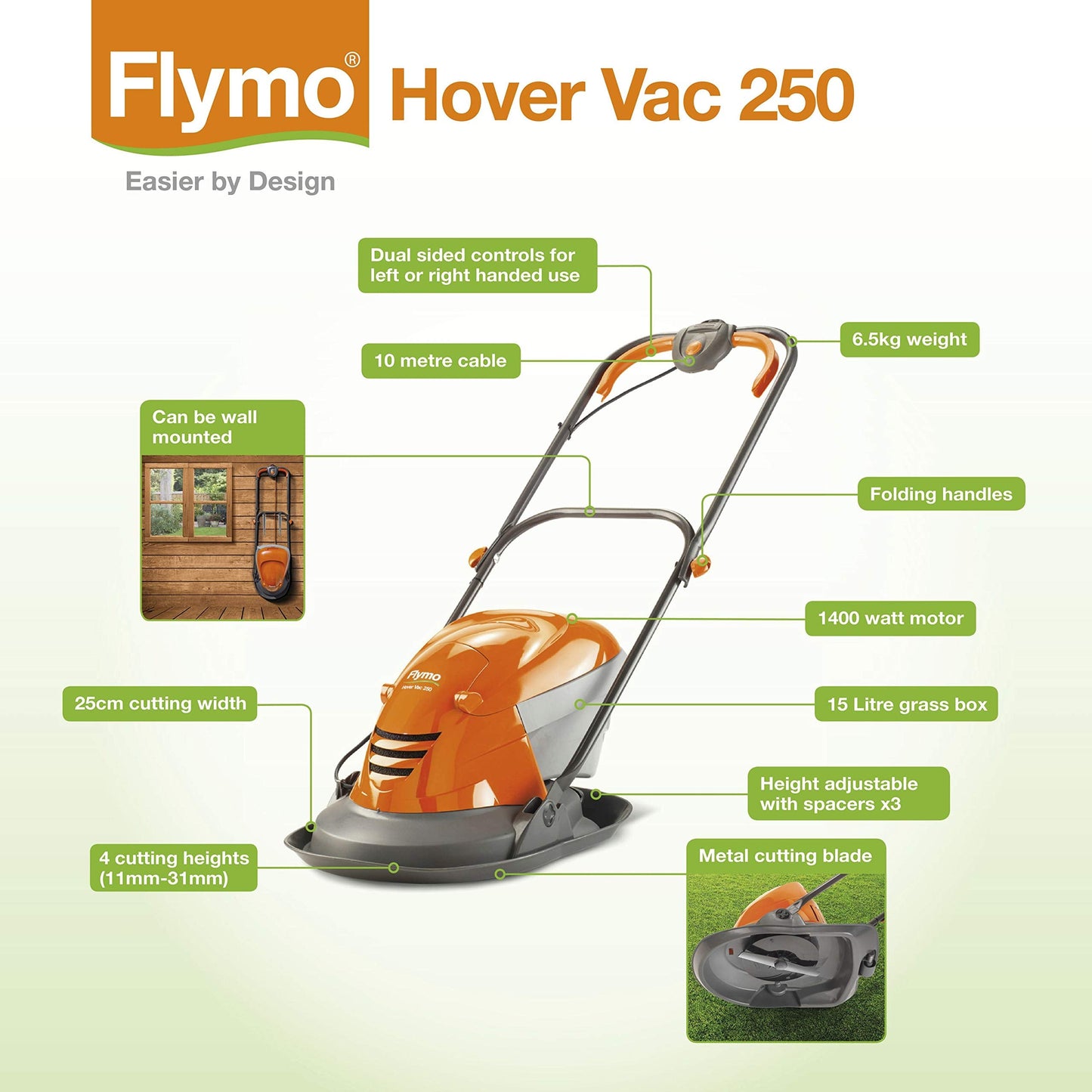 Flymo Hover Vac 250 Electric Hover Collect Lawn Mower - 1400W, 25cm Cutting Width, 15L Grass Box, Ambidextrous Handles, Folds Flat, Orange and Grey