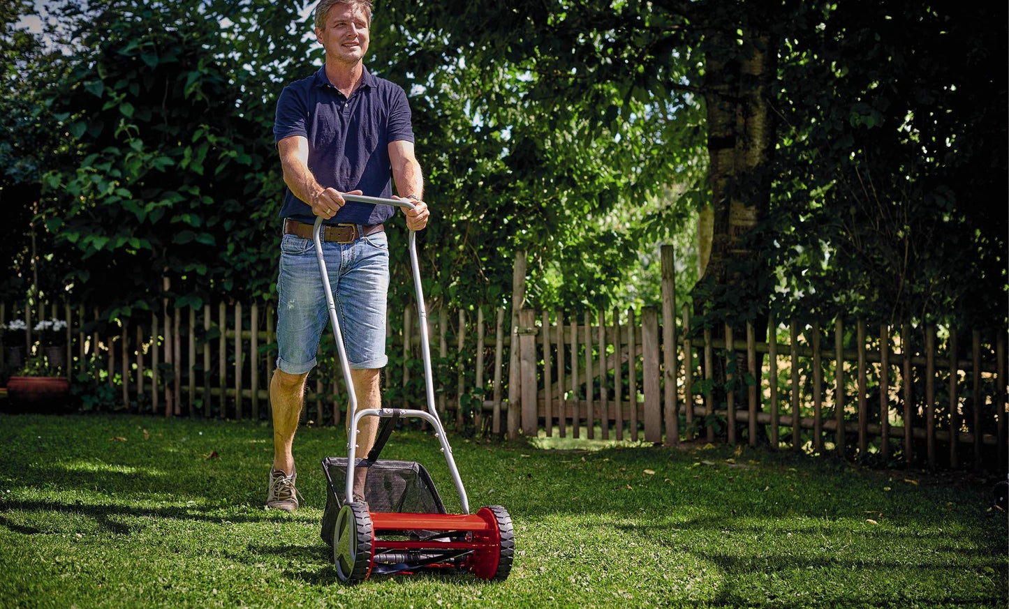 Einhell GC-HM 300 Hand Push Lawnmower -- Manual Lawn-Mower With 30cm Cutting Width, 16L Grass Box, 4 Cutting Height Levels -- Walk-Behind Lawn Mower For Small Gardens, Red & Black