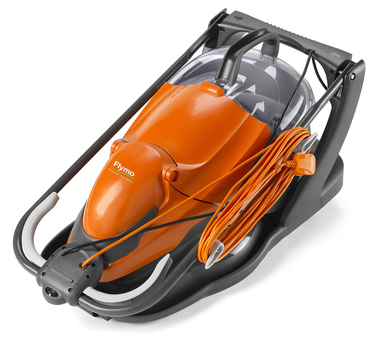 Flymo EasiGlide Plus 360V Hover Collect Lawn Mower - 1800W Motor, 36cm Cutting Width, 26 Litre Grass Box, Folds Flat, 10m Cable Length, Orange and Grey