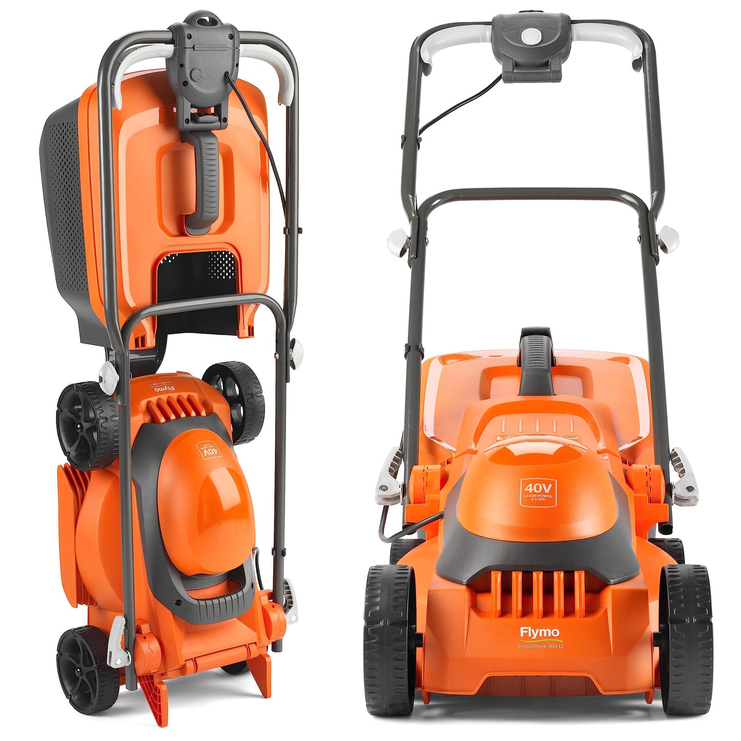 Flymo SimpliStore 300 Li Cordless Lawn Mower - 40V, 30cm Cutting Width, Close Edge Cutting, 30L, Lightweight, Orange and Grey