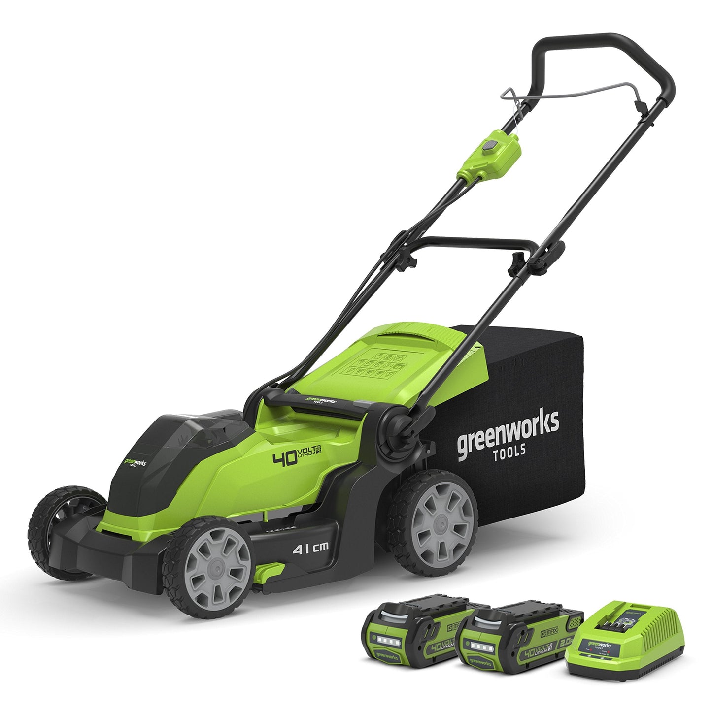 Greenworks 40V Cordless Lawnmower for Lawns up to 500m², 41cm Cutting Width, 50L Bag, Two of 40V 2Ah Batteries & One Charger, 3 Year Guarantee-G40LM41K2X, Green, Black, Grey