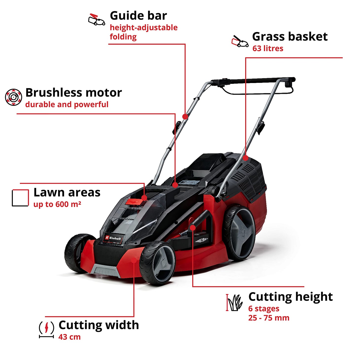 Einhell Power X-Change 36/43 Cordless Lawnmower With Battery (x2) and Charger (x2) - 36V, 43cm Cutting Width, 63L Grass Box, 6 Cutting Heights, Mulching - GE-CM 43 Li M Battery Lawn Mower Red / Black