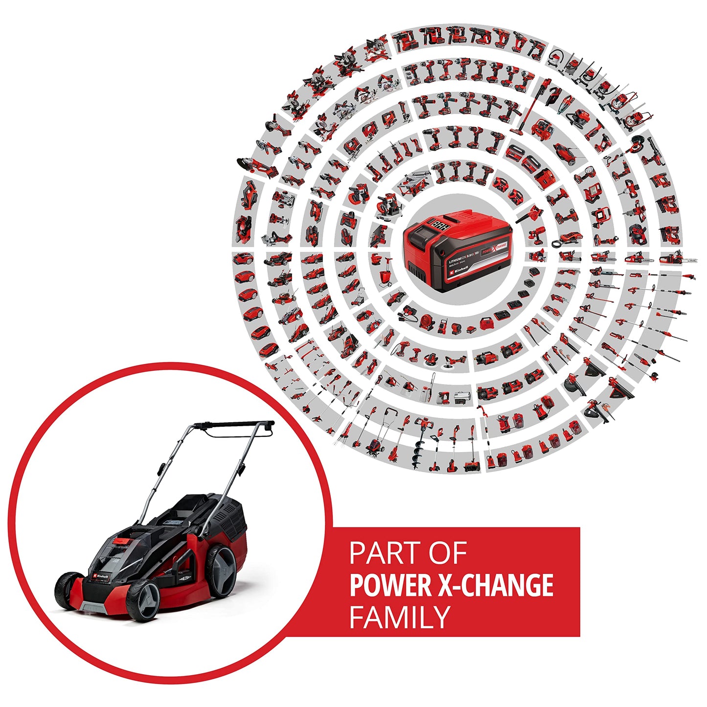 Einhell Power X-Change 36/43 Cordless Lawnmower With Battery (x2) and Charger (x2) - 36V, 43cm Cutting Width, 63L Grass Box, 6 Cutting Heights, Mulching - GE-CM 43 Li M Battery Lawn Mower Red / Black