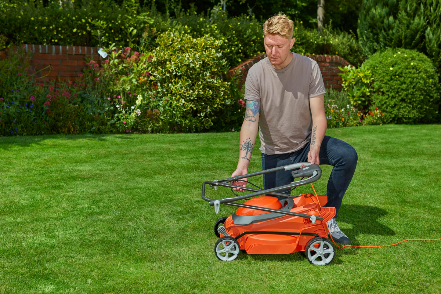 Flymo EasiStore 380R Electric Rotary Lawn Mower - 38 cm Cutting Width, 45 Litre Grass Box, Close Edge Cutting, Rear Roller, Central Height Adjust, Space Saving Storage Features