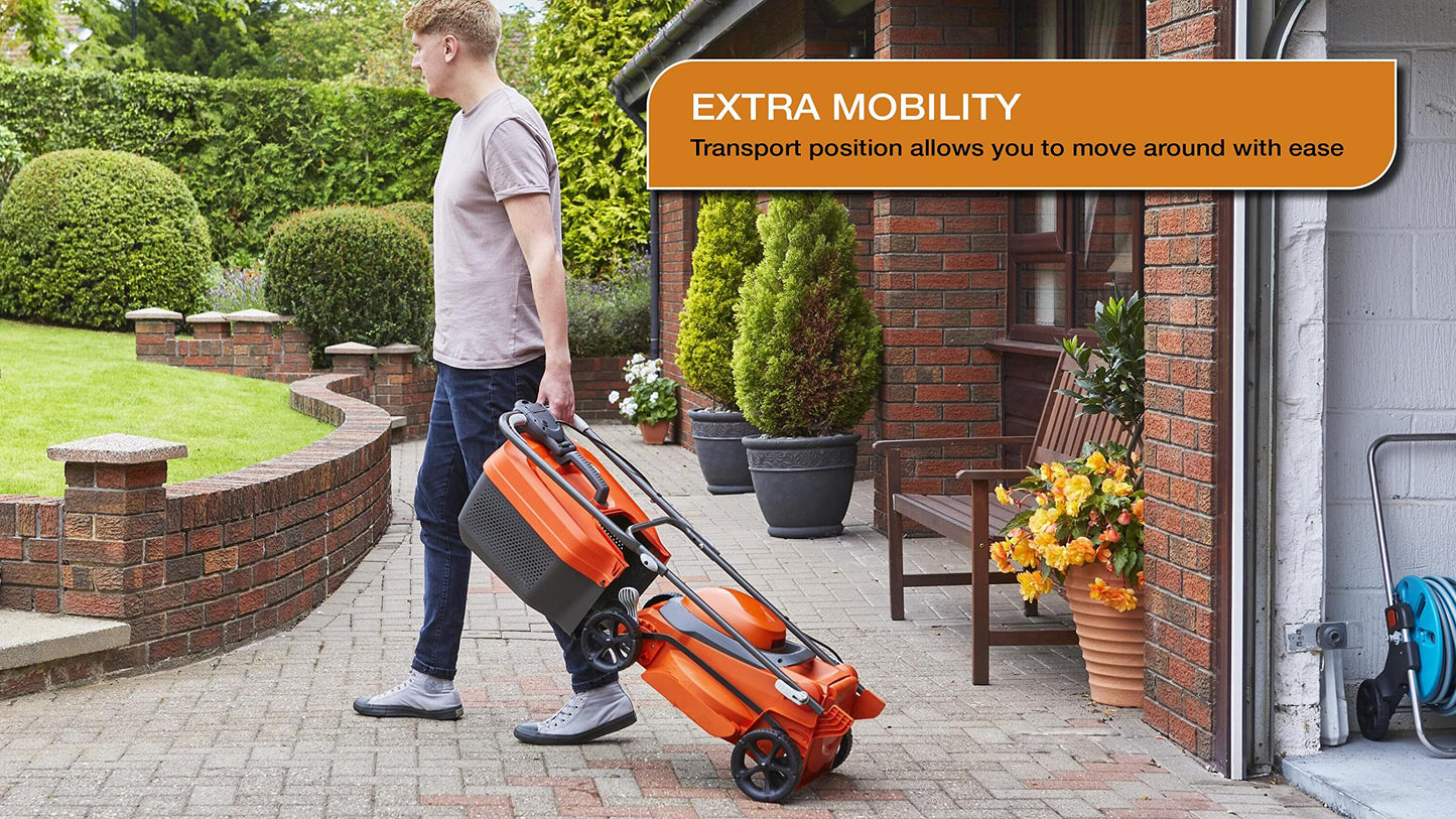 Flymo SimpliStore 300 Li Cordless Lawn Mower - 40V, 30cm Cutting Width, Close Edge Cutting, 30L, Lightweight, Orange and Grey