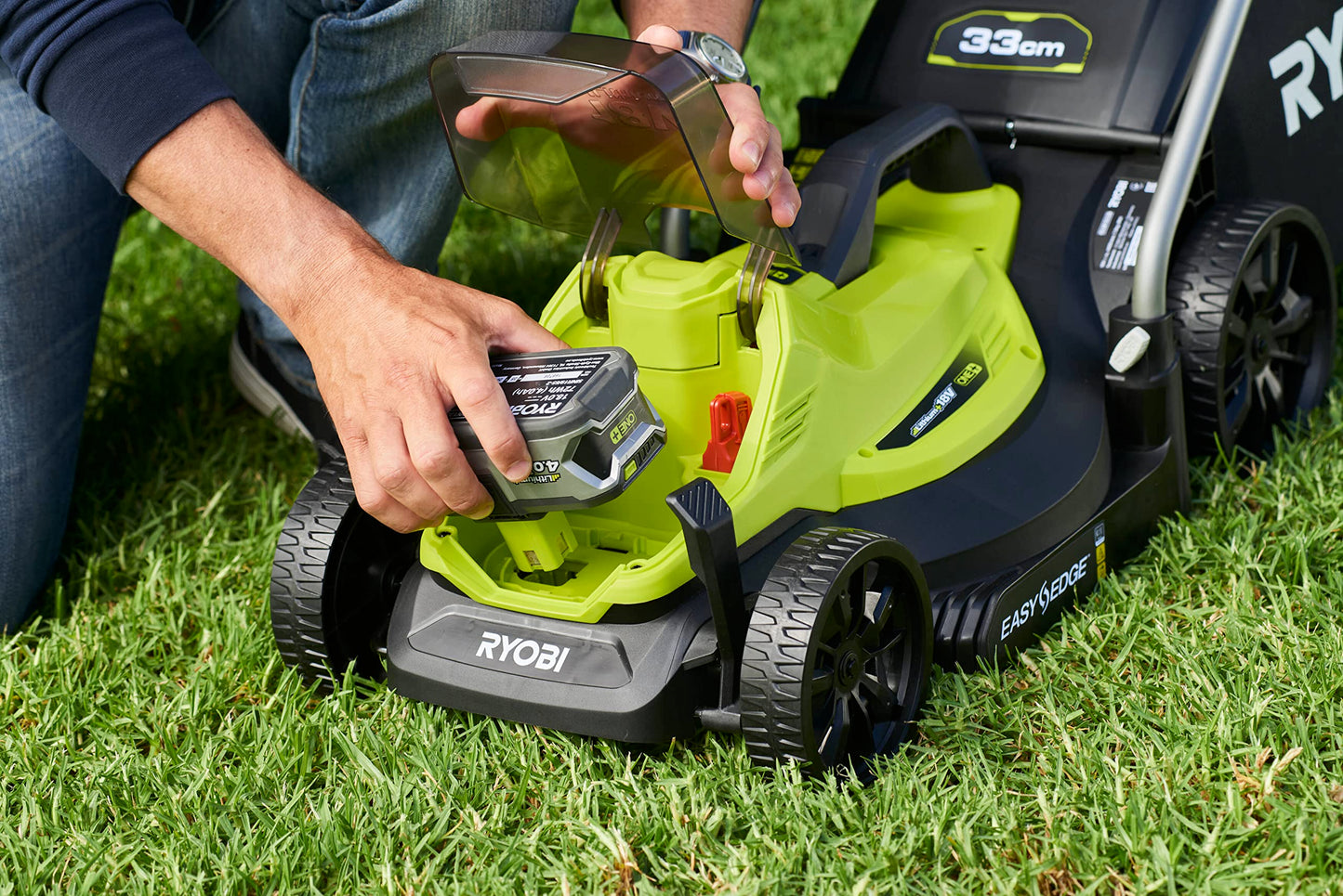 Ryobi OLM1833B 18V ONE+ Cordless 33cm Lawnmower (Body Only), Anthracite/Green