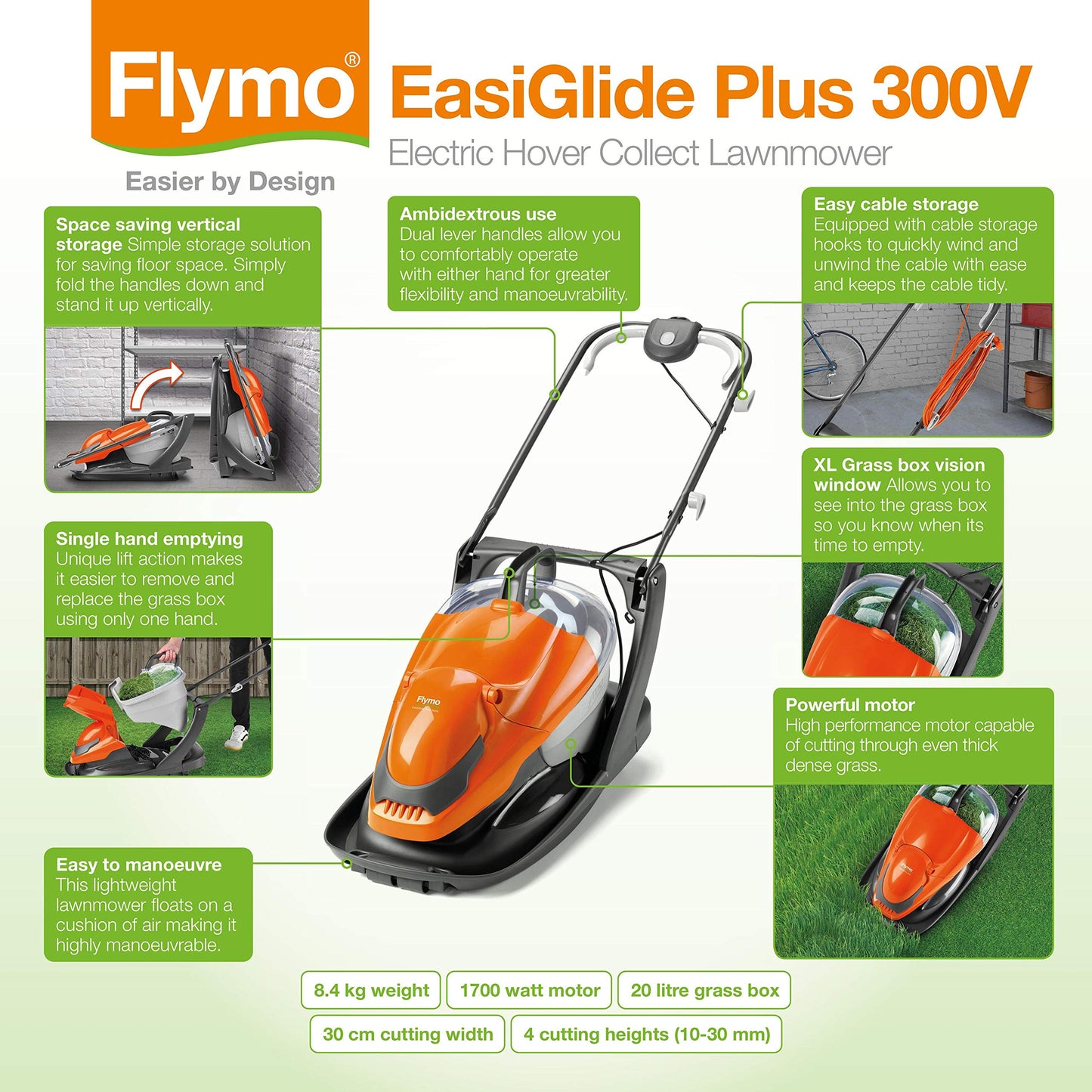 Flymo EasiGlide Plus 300V Hover Collect Lawn Mower - 1700W Motor, 30cm Cutting Width, 20 Litre Grass Box, Folds Flat, 10m Cable Length