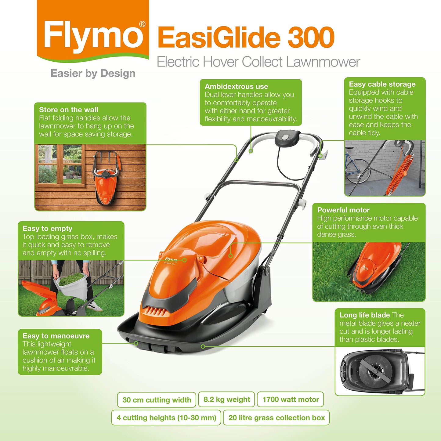 Flymo EasiGlide 300 Hover Collect Lawn Mower - 1700W Motor, 30cm Cutting Width, 20 Litre Grass Box, Folds Flat, 10m Cable Length, Orange and Grey